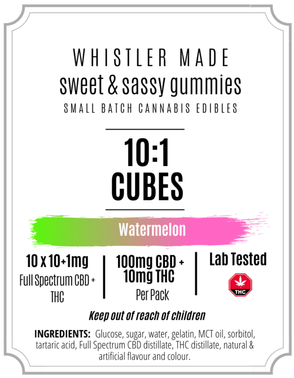 CBD:THC (10mg:1mg/gummy) = 100mg CBD + 10mg THC/bag - Whistler Made - Image 2