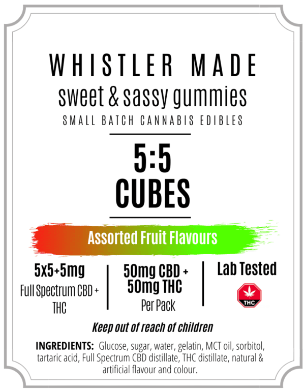 CBD:THC (5mg:5mg/gummy) = 50mg THC 50mg CBD /bag - Assorted Fruits - Whistler Made - Image 2